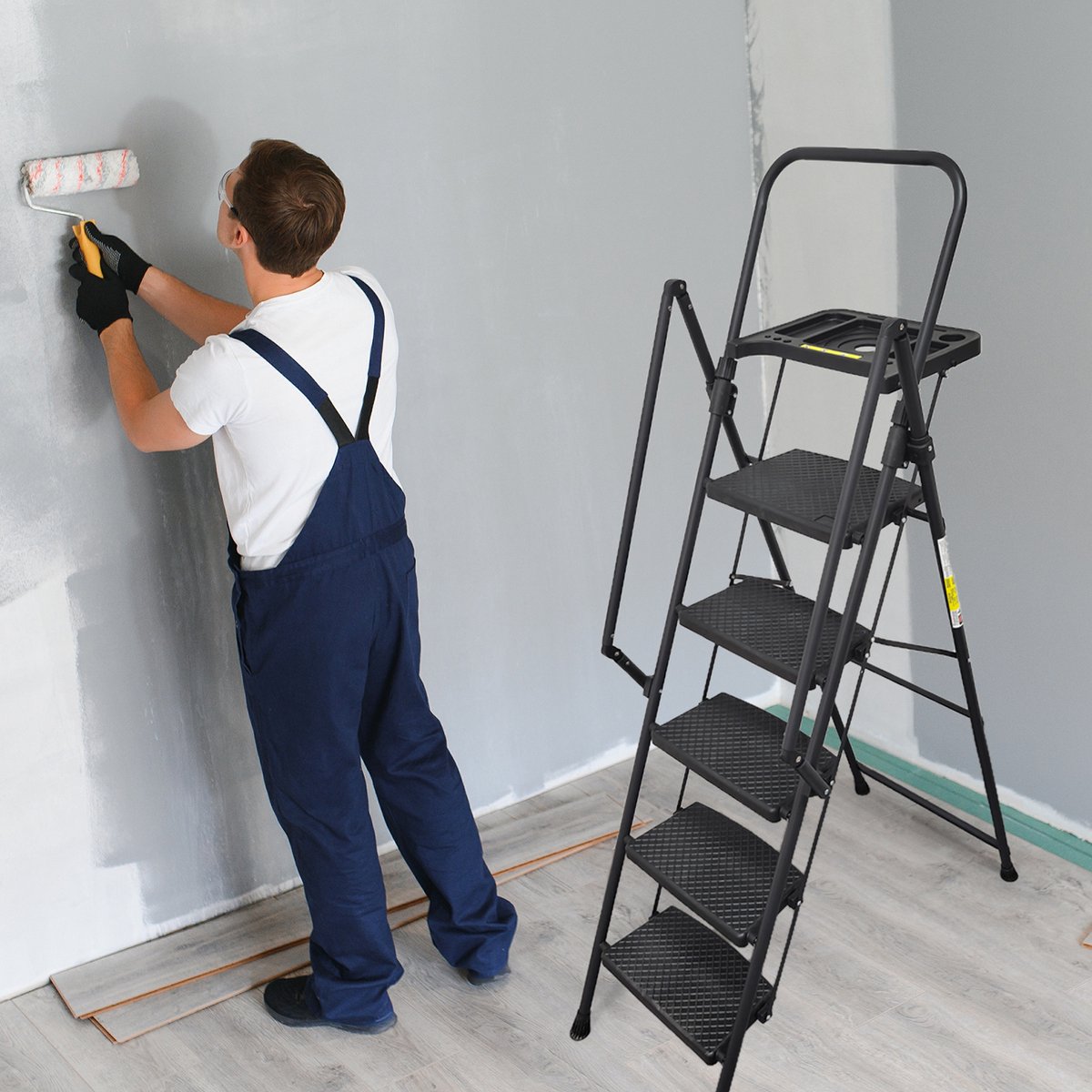 MIVRAY Vouwladder 5 Treden Met Afneembare Gereedschapsbak En Brede Antislip Treden Staal Zwart Voor Binnen En Buiten