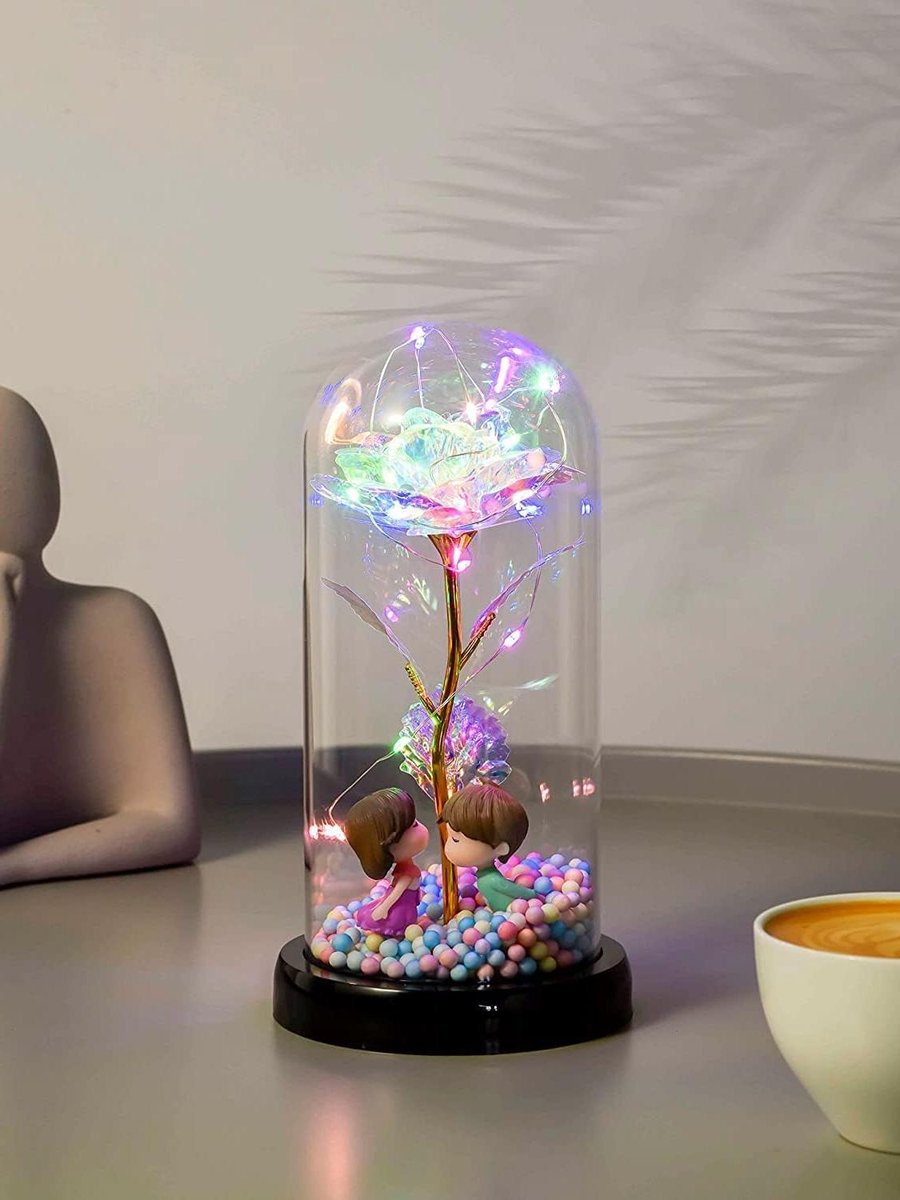 Glazen Dome - Bewaarbloem - Decoratie Huis - Met LED Licht - 21 cm Hoog - Regenboog