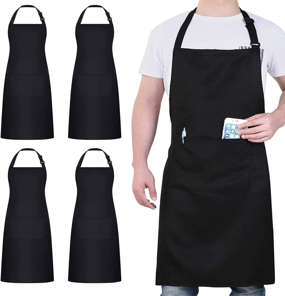 SnelShoppen - 4 Packs Waterdicht Chef Schort met 2 Zakken, Verstelbare Professionele Schorten voor Koken, Bakken, Tuinieren, BBQ, Zwart voor Mannen en