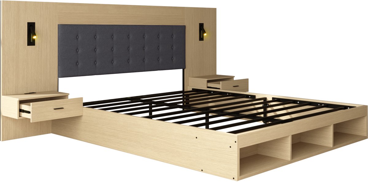 Tweepersoonsbed - Bed Met Opbergruimte - Houten Bed - Tienerbed - Nachtkastjes - USB En Type-C - Leeslamp - Opbergen - Slaapkamer - 160x200 cm - 1 Stuk - Licht Eiken