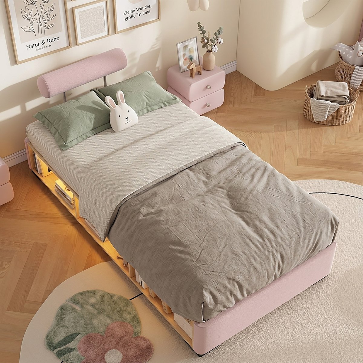 REDOM - Kinderbed - Polsterbed met opbergruimte en LED-verlichting - Lattenbodem - Softbed - Kinderkamer en tienerkamer - Hout en stof - Roze - 90 x 200 cm