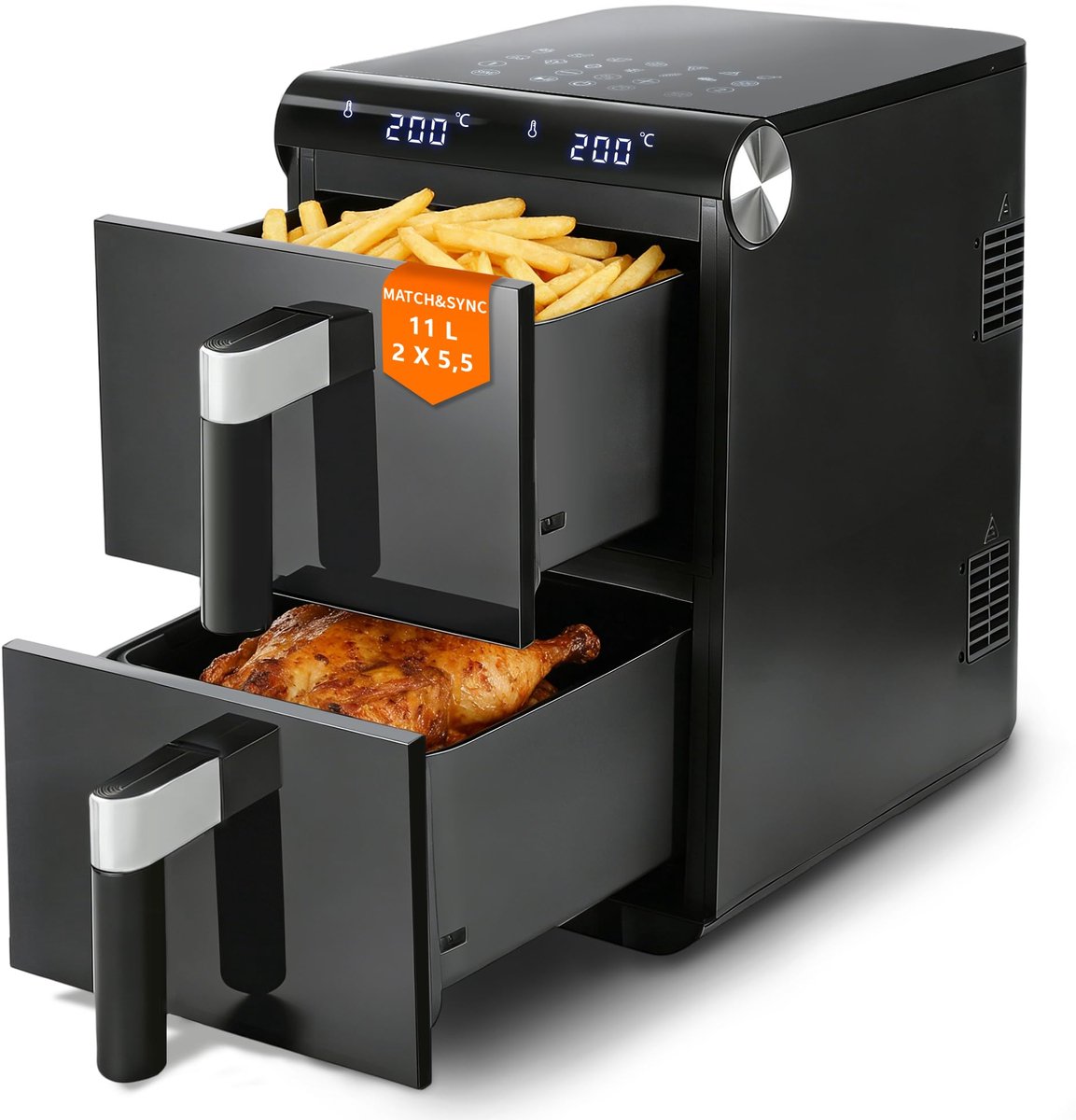 SnelShoppen - XXL Heteluchtfriteuse 11L met 2 Kamers, Dual-Zone Toren Airfryer, 2800W Touchscreen, 13 Voorgeprogrammeerde Instellingen, 50-200°C, Vaat