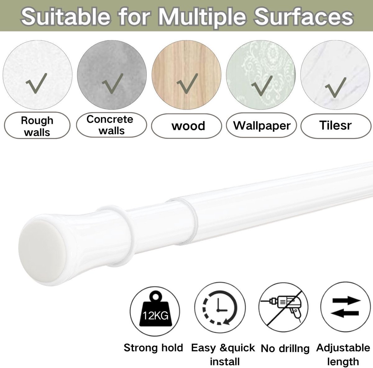 SnelShoppen - Uitschuifbare Gordijnroede Telescopisch 85-190 cm Wit - Verstelbare Roede voor Kledingkast, Douche, Slaapkamer, Deuropening - Geen Boren