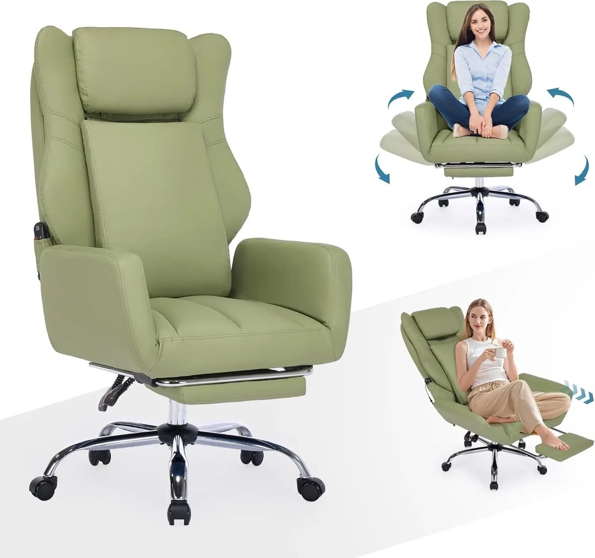 RosaBloom Bureaustoel - Ergonomische Bureaustoel - Gaming Stoel - Massagefunctie - Verstelbare Armleuningen - 65x65x120 cm - PU Leer - Groen