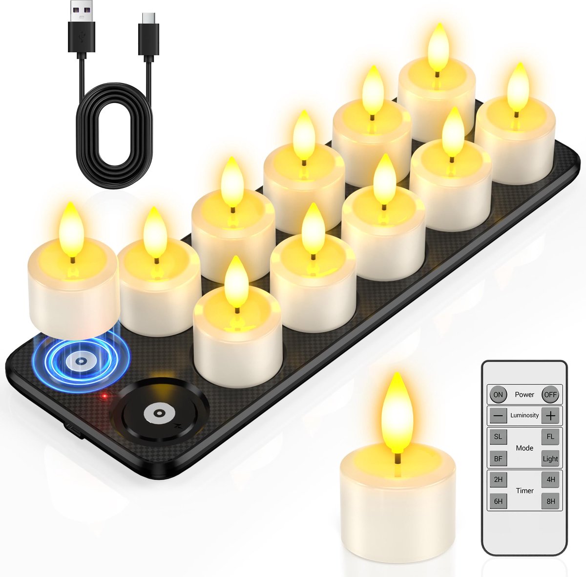 SnelShoppen - 12 Oplaadbare LED Theelichten met Laadstation en Timer, Waterdichte Elektrische Kaarsen met Afstandsbediening voor Thuis, Feest, Hallowe