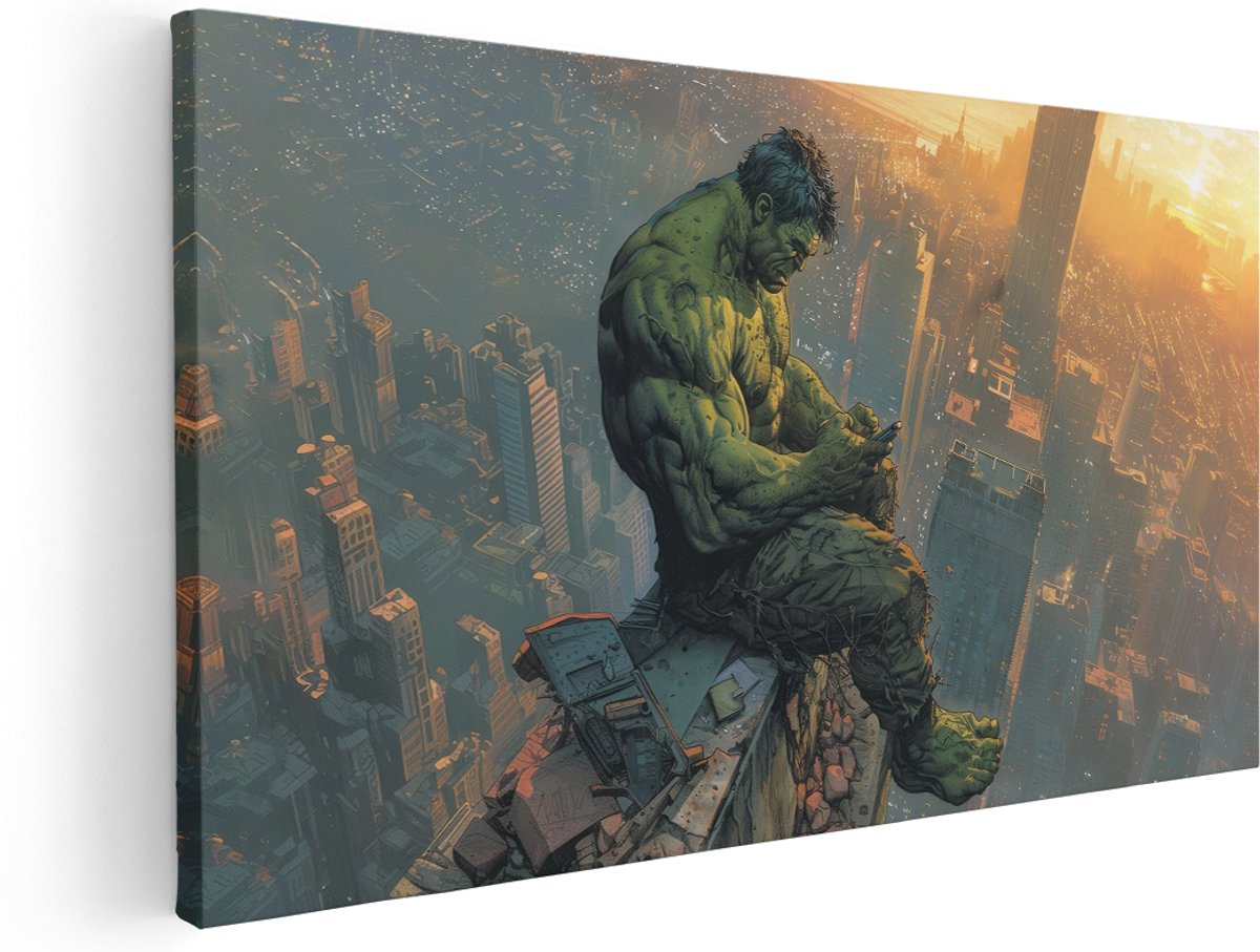 Artaza Canvas Schilderij Marvel Hulk - 160x80 cm - Groot - Wanddecoratie Stad - Muurdecoratie Zonsondergang - Schilderijen Op Canvas Groen