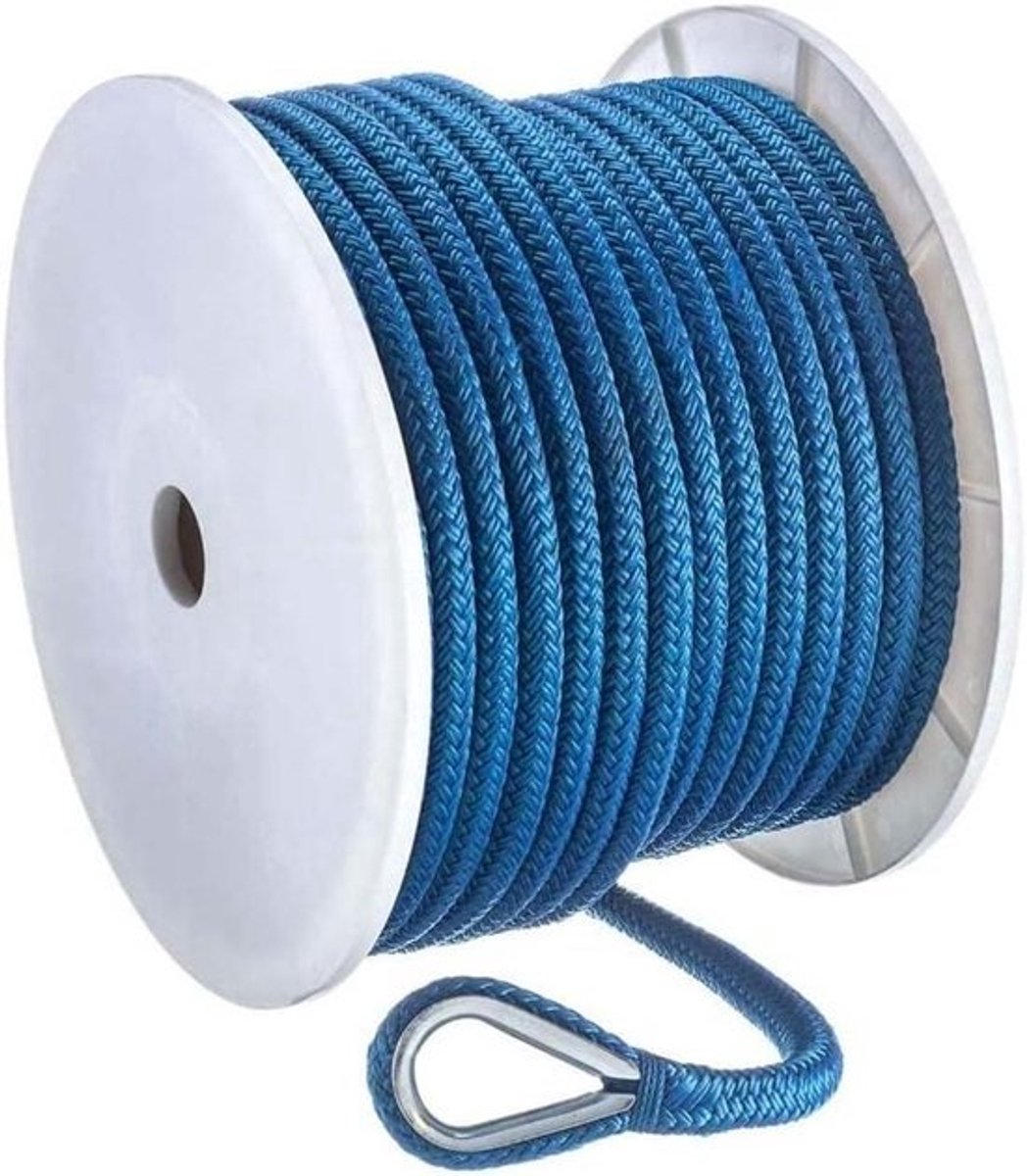 Boottouw Dubbele Vlecht - Ankerlijn Nylon - Watersport Gebruik - Schokabsorberende Constructie - 1/2 inch x 150 ft - Blauw