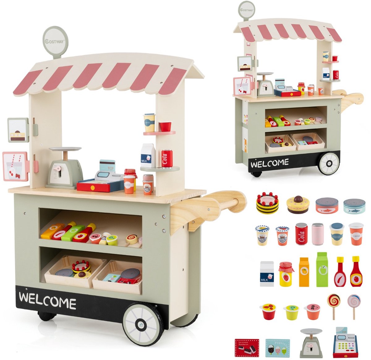 SureDeal® - Rollenspell - Houten Kinderwagen Wielen - Kassa Foodtruck - Kinderen Vanaf Jaar - 75x30x100 cm - Groen