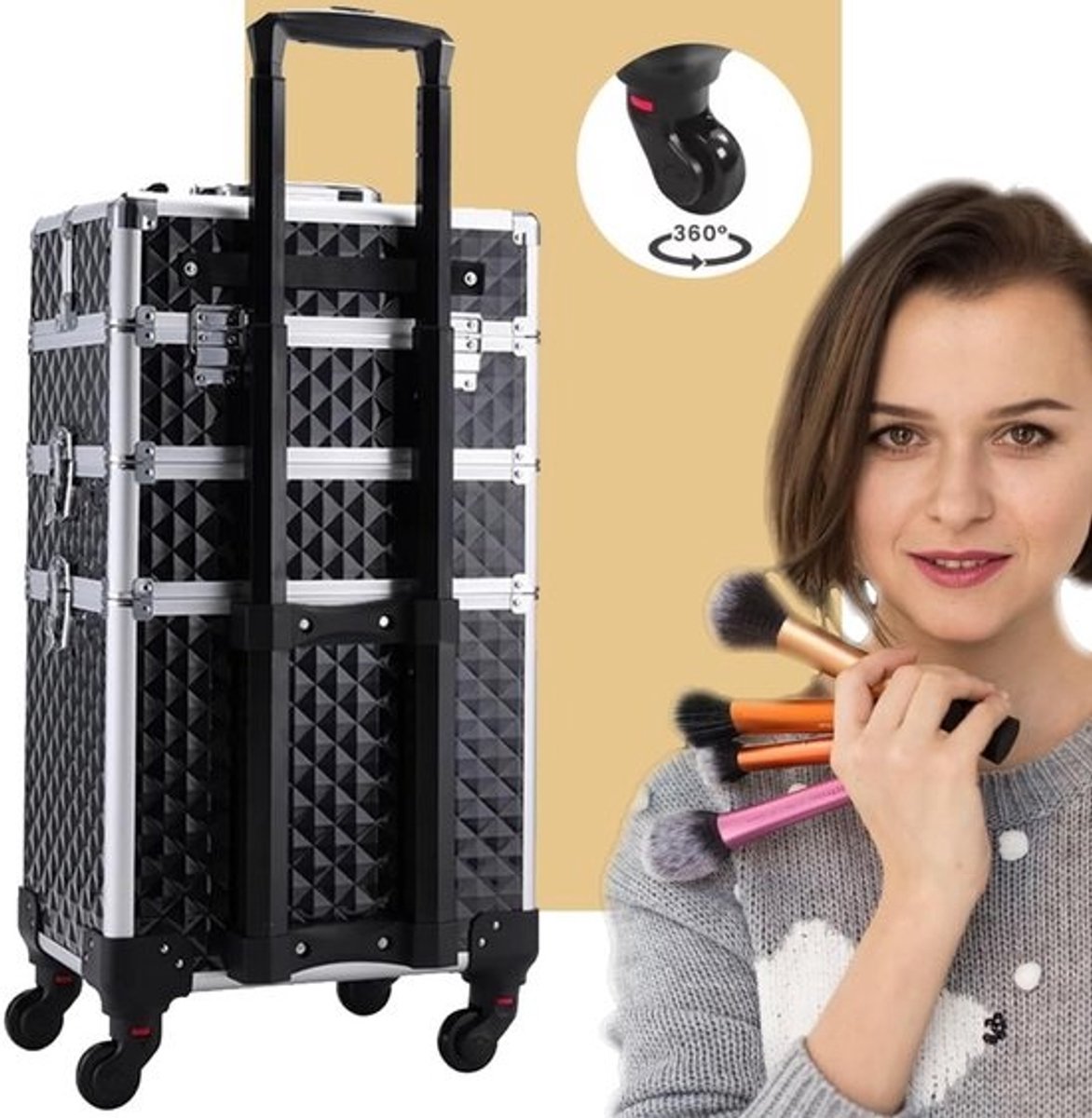 RFWR® 3-in-1 professionele cosmeticakoffer met afneembare wielen en driehoekig ontwerp