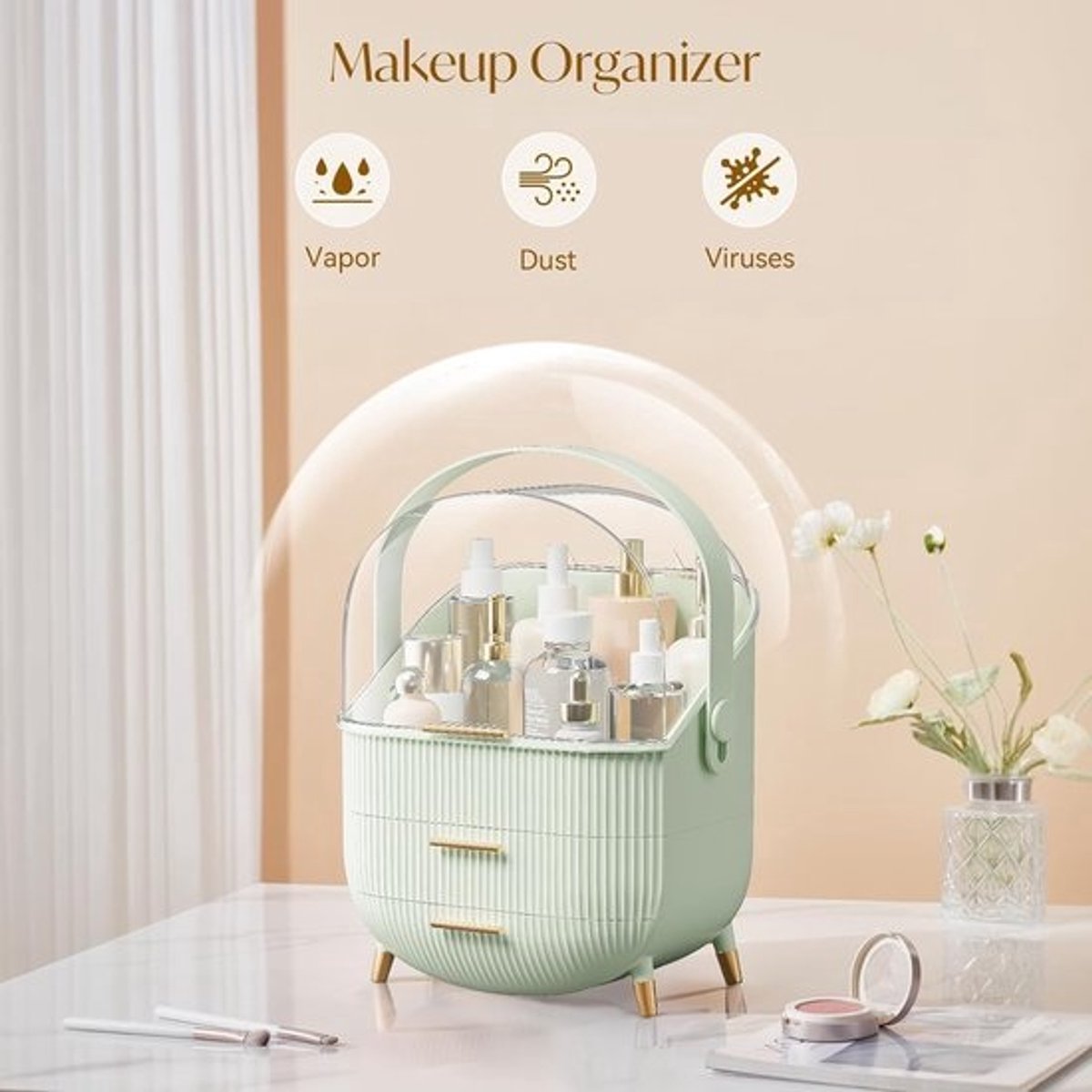 Draagbare make-up organizer met deksel - Waterdicht en stofdicht voor badkamer en kaptafel - Ruimtebesparende cosmetische vitrines