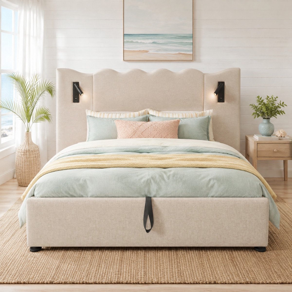 REDOM - Bed - Polsterbed met opbergruimte - Met lattenbodem - Met leeslamp en USB-C laadfunctie - Moderne stijl - Slaapkamer - Stof, Hout, Metaal - Beige - 232 x 215 x 111 cm