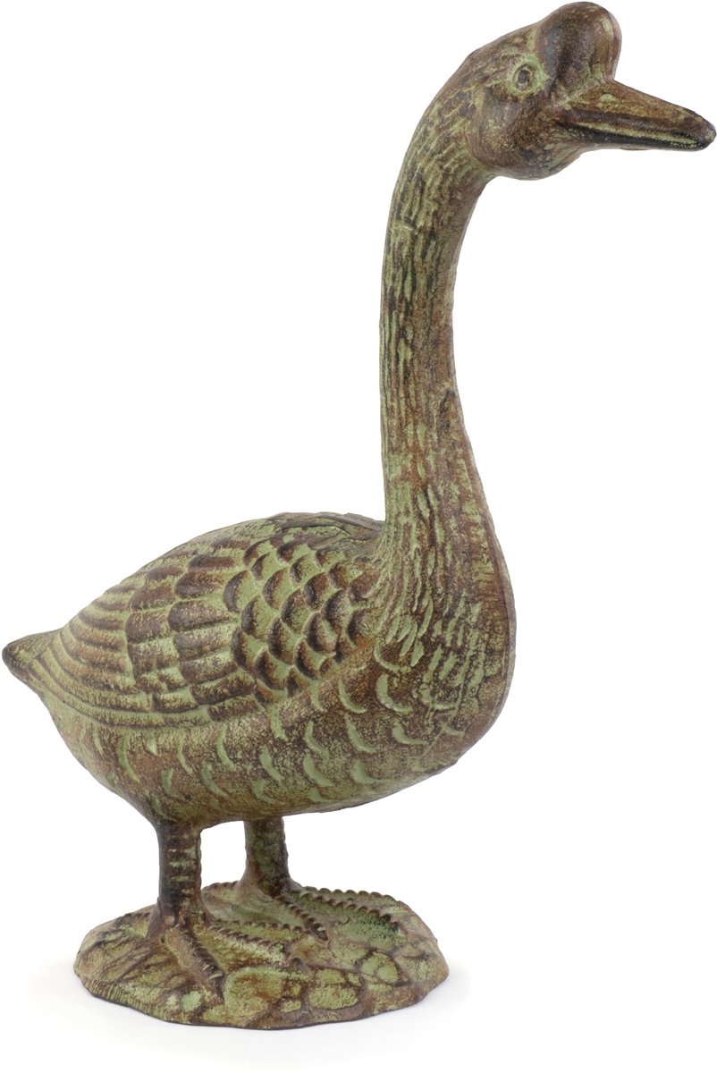 Moritz Tuinbeeld Gans - Gietijzer - 32,5 cm hoog - Groen Bruin Antiek - Gansbeeld staand met gestrekte nek op ovale voetplaat - Gepatineerd met fijn verenreliëf - Geschikt voor binnen en buiten - Tuindecoratie voor entree en border - 1 stuk