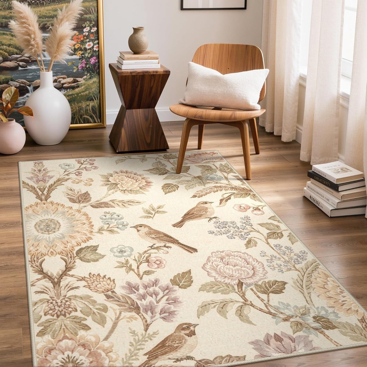 Wasbaar vintage boho-tapijt voor woonkamer en slaapkamer, antislip groot oosters tapijt 120 x 170 cm, beige met bloemmotief, geschikt voor badkamer en eetkamer