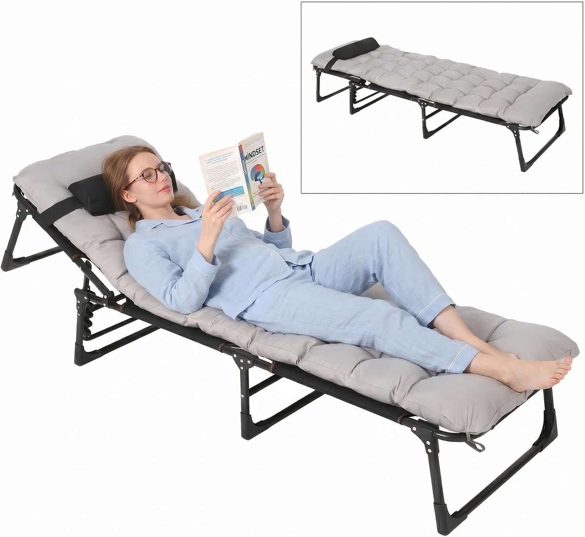 Opvouwbaar kampeerbed met matras - Stevig, draagbaar opvouwbaar bed met kussen - in 5 standen verstelbaar - draagvermogen 400 lbs - 200 × 68 × 32 cm - grijs