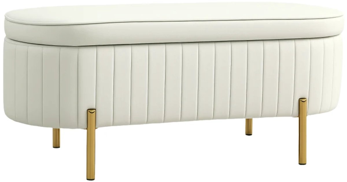 Bankje - Met Scharnierend Deksel En Opbergruimte - Stoffen Bekleding - Metaal - Crèmewit En Goud