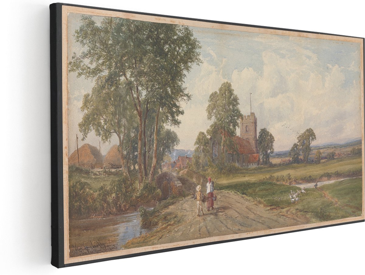 Artaza Canvas Schilderij Engels Dorp - 180x90 cm - Groot - Wanddecoratie Landschap - Muurdecoratie Oude Kerk - Schilderijen Op Canvas Romantisch