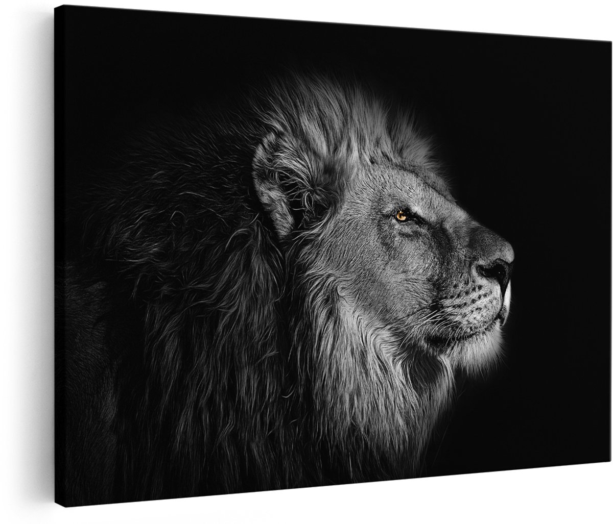 Artaza Canvas Schilderij Leeuw - 180x120 cm - Groot - Wanddecoratie Zwart Wit - Muurdecoratie Dieren - Decoratie Woonkamer - Goud