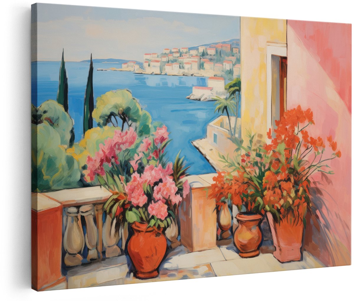 Artaza Canvas Schilderij Mediterraan Landschap - 180x120 cm - Groot - Wanddecoratie Terras met Bloemen - Muurdecoratie Zeezicht - Schilderijen Op Canvas