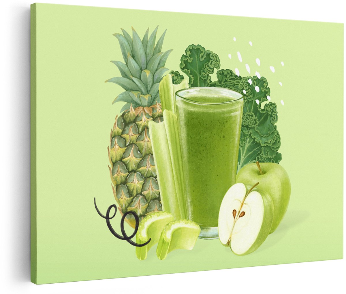 Artaza Canvas Schilderij Groene Smoothie - 180x120 cm - Groot - Wanddecoratie Ananas - Muurdecoratie Keuken - Decoratie Fruit Appel - Groen