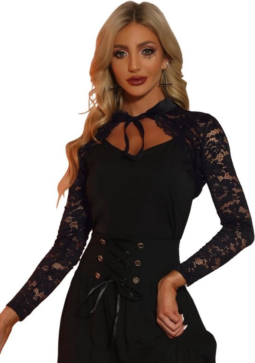 Dames Bolero Kant Langmouw Kort Elegant Vest met Opstaande Kraag