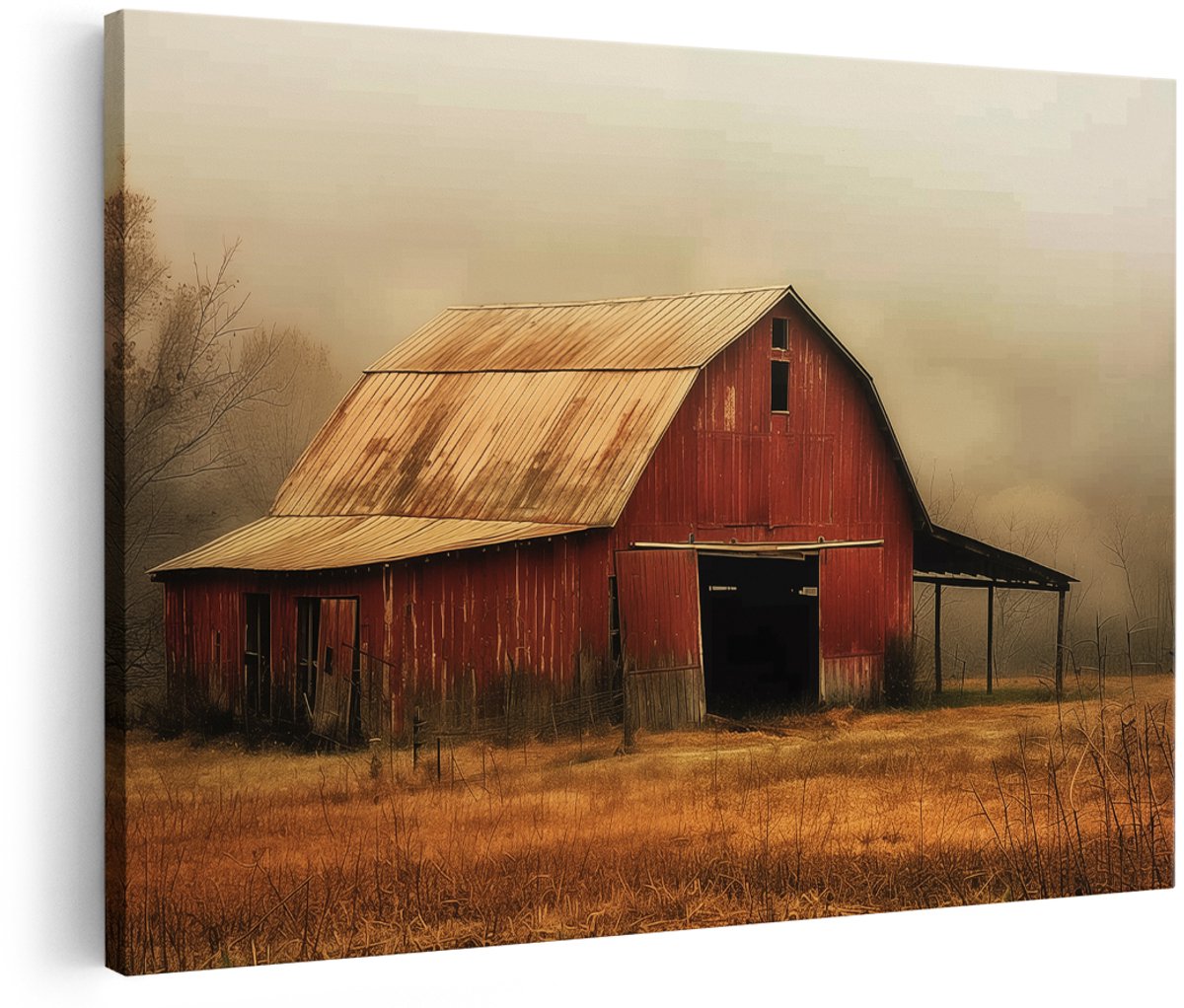 Artaza Canvas Schilderij Rode Schuur in een Mistig Veld - Landschap - 180x120 cm - Groot - Wanddecoratie Woonkamer - Schilderijen - Muurdecoratie