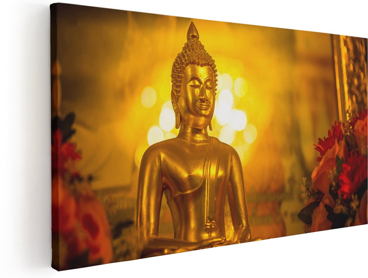 Artaza Canvas Schilderij Gouden Boeddha Beeld - 180x90 cm - Groot - Wanddecoratie Woonkamer - Schilderijen - Muurdecoratie
