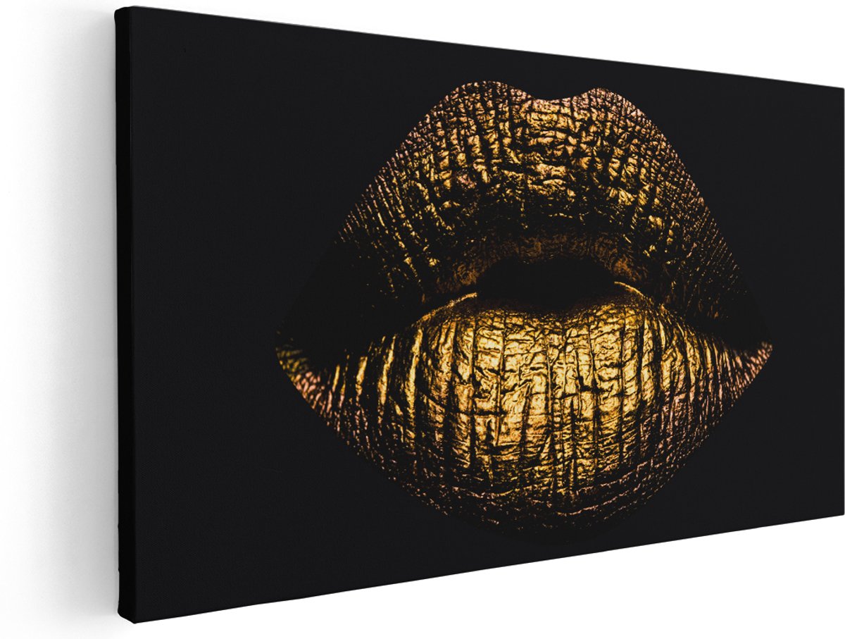 Artaza Canvas Schilderij Gouden Lippen - 180x90 cm - Groot - Wanddecoratie Woonkamer - Schilderijen - Muurdecoratie