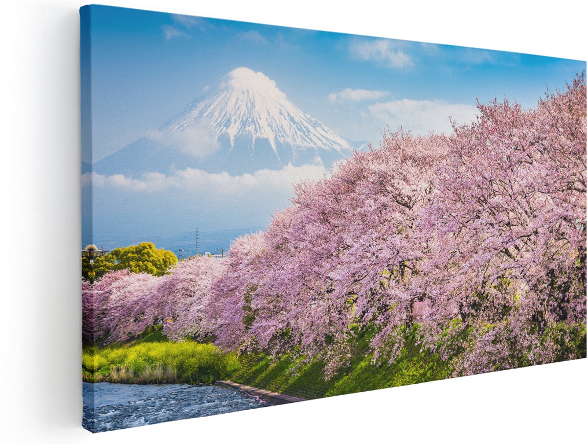Artaza Canvas Schilderij Roze Bloesembomen Bij De Fuji Berg - 180x90 cm - Groot - Wanddecoratie Woonkamer - Schilderijen - Muurdecoratie