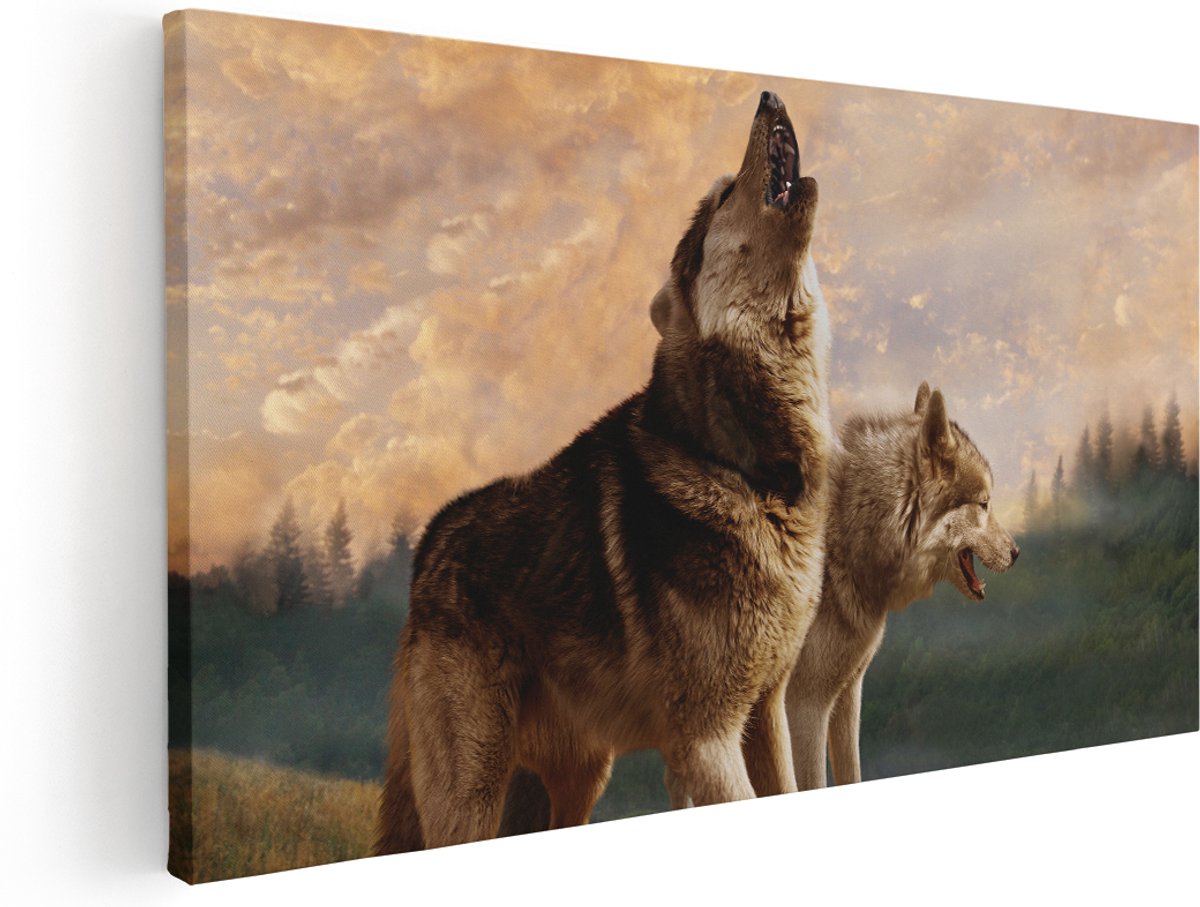 Artaza Canvas Schilderij Twee Wolven Op Het Gras - 180x90 cm - Groot - Wanddecoratie Woonkamer - Schilderijen - Muurdecoratie