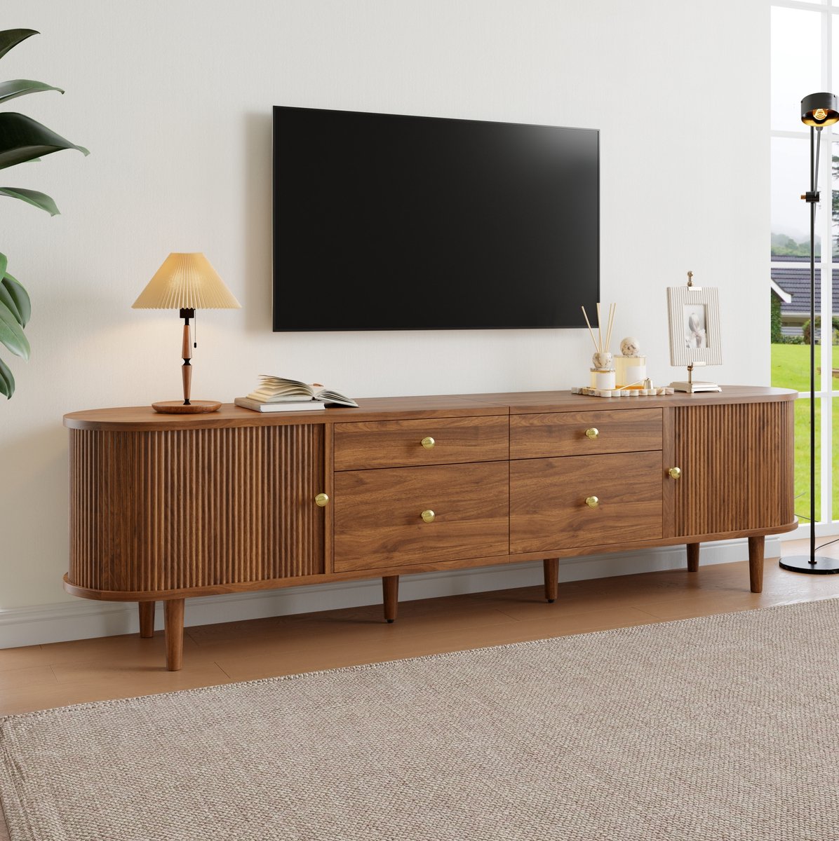 DESMIU Tv Meubel - 3D Golfstructuur Met Schuifdeuren En 4 Laden - Voor Woonkamer En Slaapkamer - MDF Spaanplaat - 180x35x50 Cm - Walnoot