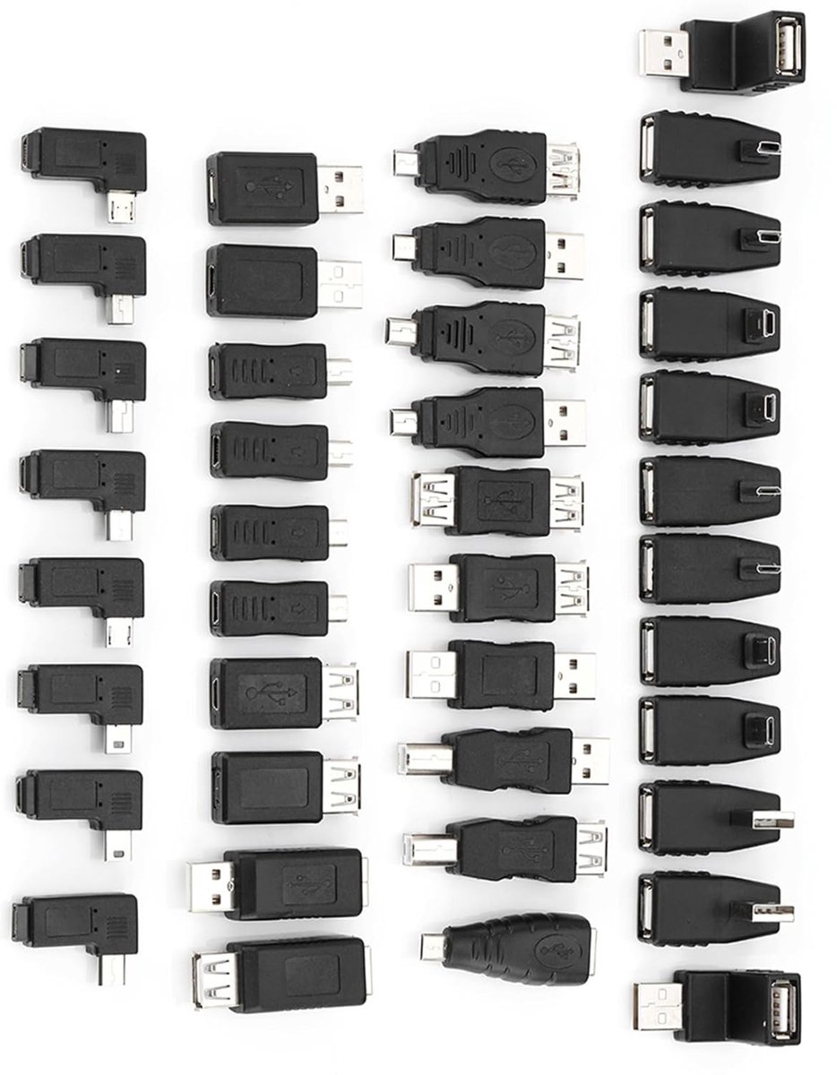 USB 2.0 Adapter Set van 40 Stukken, Male naar Female Mini/Micro/Type B Converters met Meerdere Hoekverbindingen en Accessoires voor Diverse Apparaten