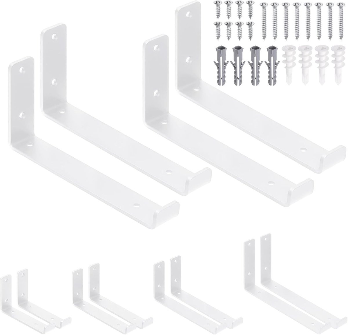 Set van 4 J lipplankbeugels 22,5 x 10,9 cm voor stevige wandmontage, wit gecoat metaal, ideaal voor zwevende planken en aanrechtbladondersteuning