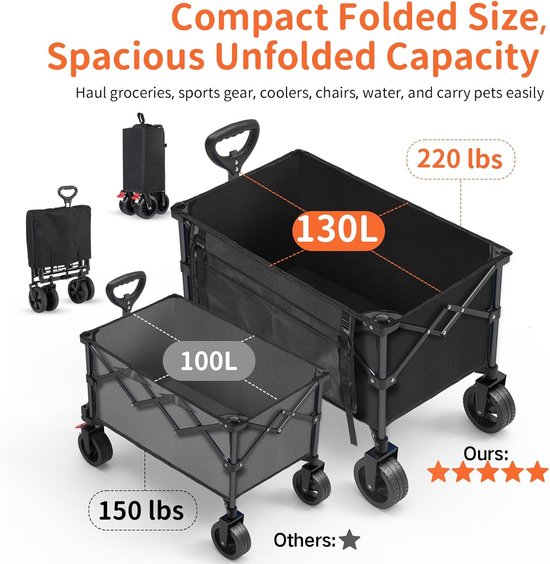 Inklapbare Handwagen - Vouwbare Kar - Outdoor Avonturen - Grote All-Terrain Wielen - 130L Capaciteit - Zwart — afbeelding 4