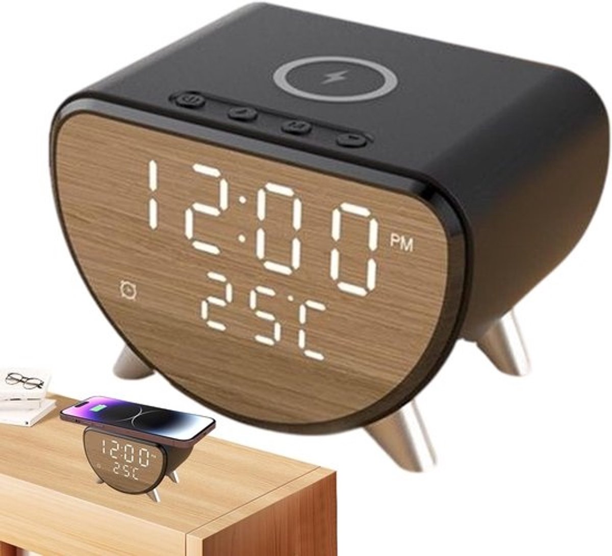 Wekker met oplader - Digitale klok - Bureau organiseren - Geïntegreerde temperatuurweergave - 11 cm breed - Zwart