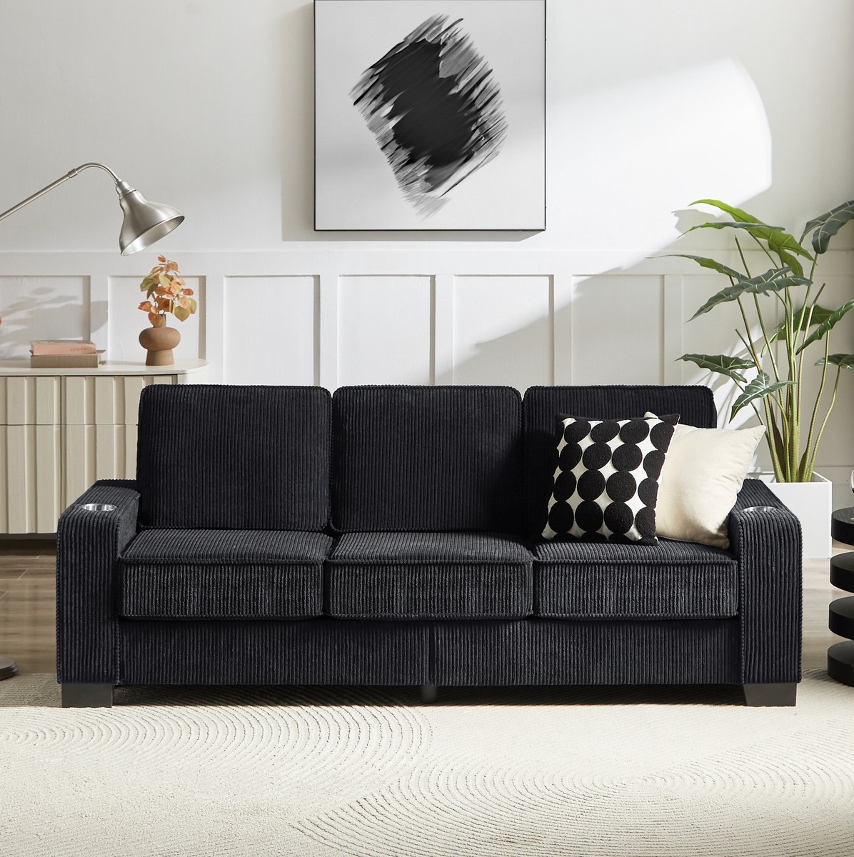 MODENUIT Zitbank 206 cm - Met Geïntegreerde Bekerhouders - Voor Woonkamer, Slaapkamer En Kantoor - Stof - Zwart