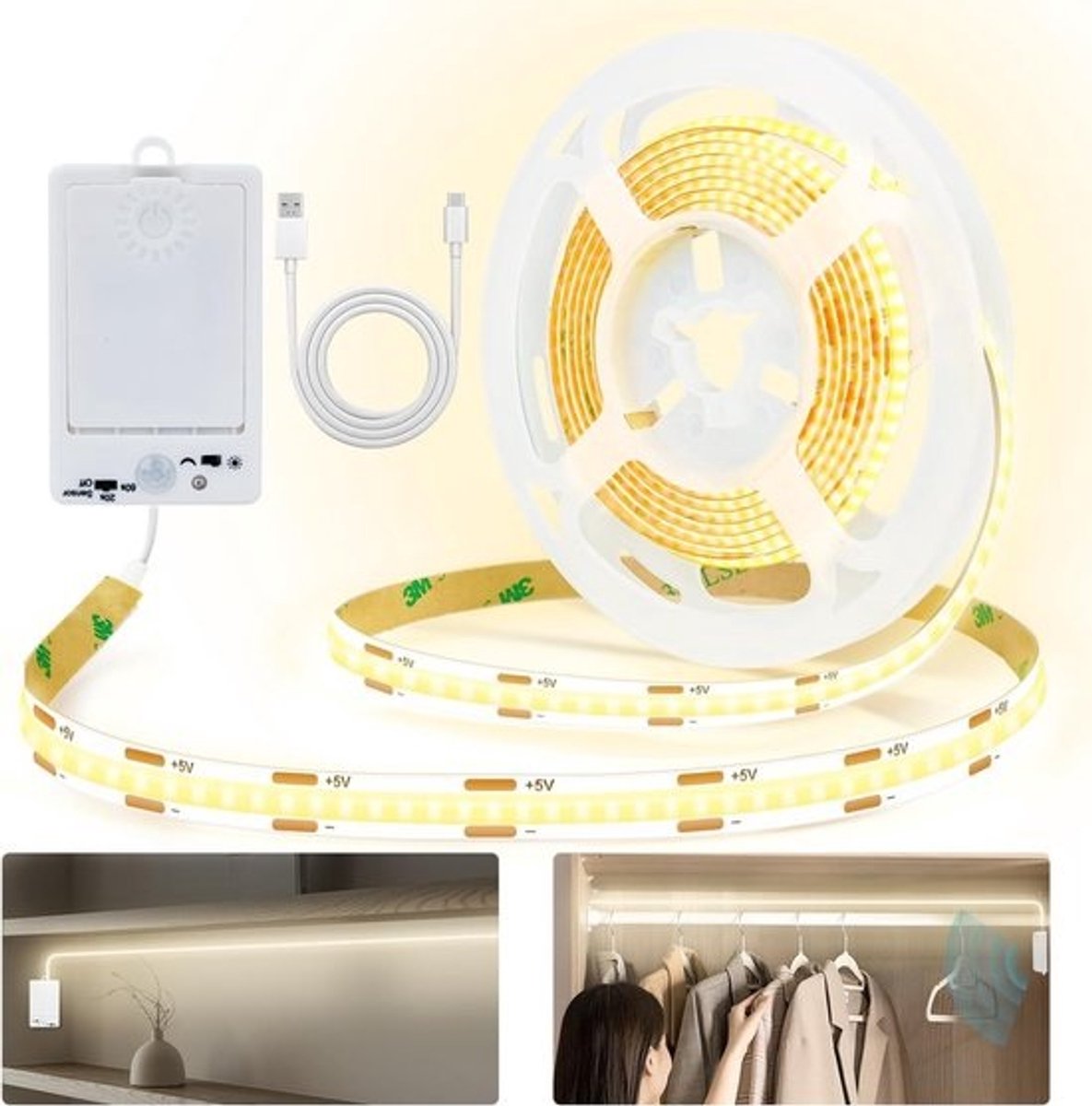 Ledstrip met sensor - Verlichting met beweging - Automatisch verlichten - Oplaadbare batterij - 2 meter - Natuurlijk wit