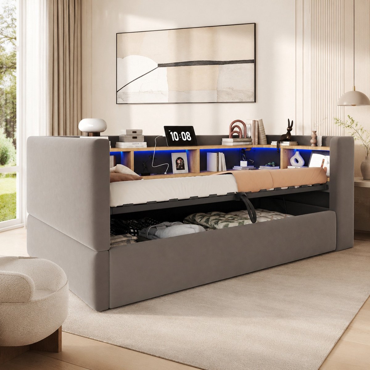 MODENUIT Slaapbank 90 x 190 cm - Met LED Verlichting En Stopcontacten - Slaapkamer - Stof - Donkergrijs