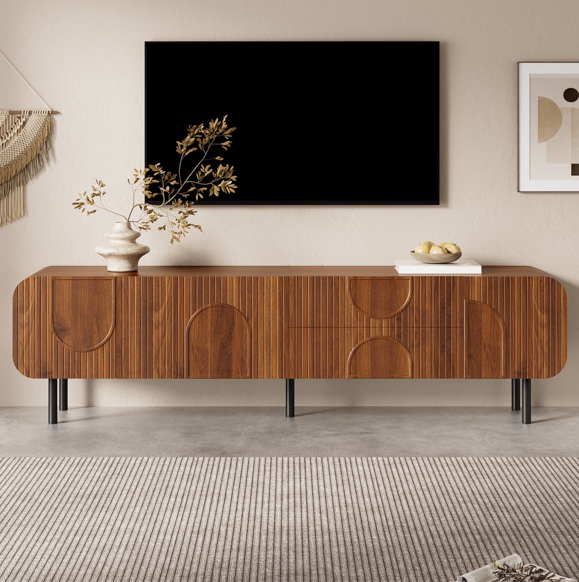 REDOM - Dressoir - 3 deuren en 2 lades - Kabeldoorvoer - Metalen poten en afgeronde hoeken - Mid-century stijl - MDF en spaanplaat - Walnoot - 180 x 40 x 47,5 cm