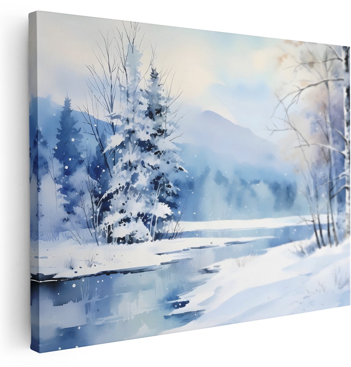 Artaza Canvas Schilderij Besneeuwd Bos - 160x120 cm - Groot - Wanddecoratie Winter Rivier - Muurdecoratie Landschap - Schilderijen Op Canvas