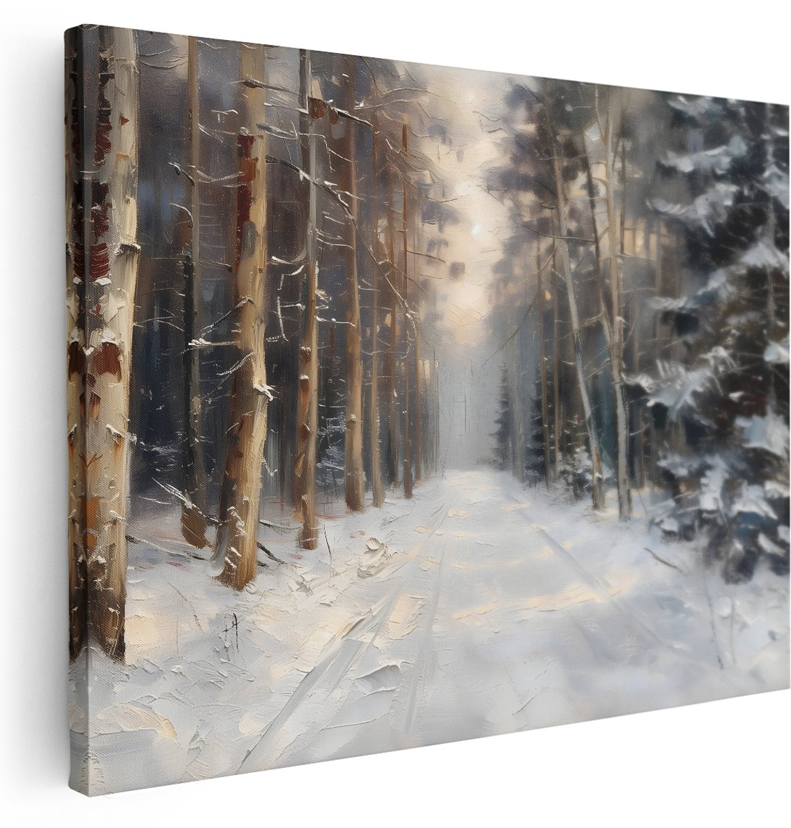 Artaza Canvas Schilderij Besneeuwd Landschap - 160x120 cm - Groot - Wanddecoratie Winter Bosweg - Muurdecoratie Natuur - Decoratie Bomen - Kamer Accessoires