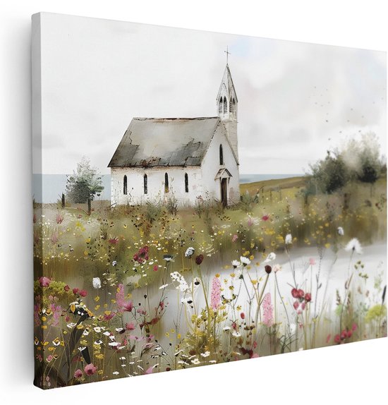 Schilderij van een landelijk kerkje in een bloemenveld met rode en witte bloemen onder een grijze lucht.