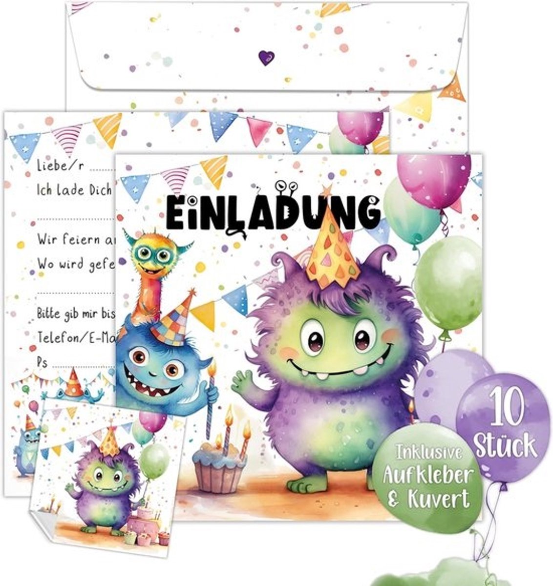 Uitnodigingen Monster Thema Kinderverjaardag Jongens - Set van 10 XXL Kaarten met Enveloppen en Stickers