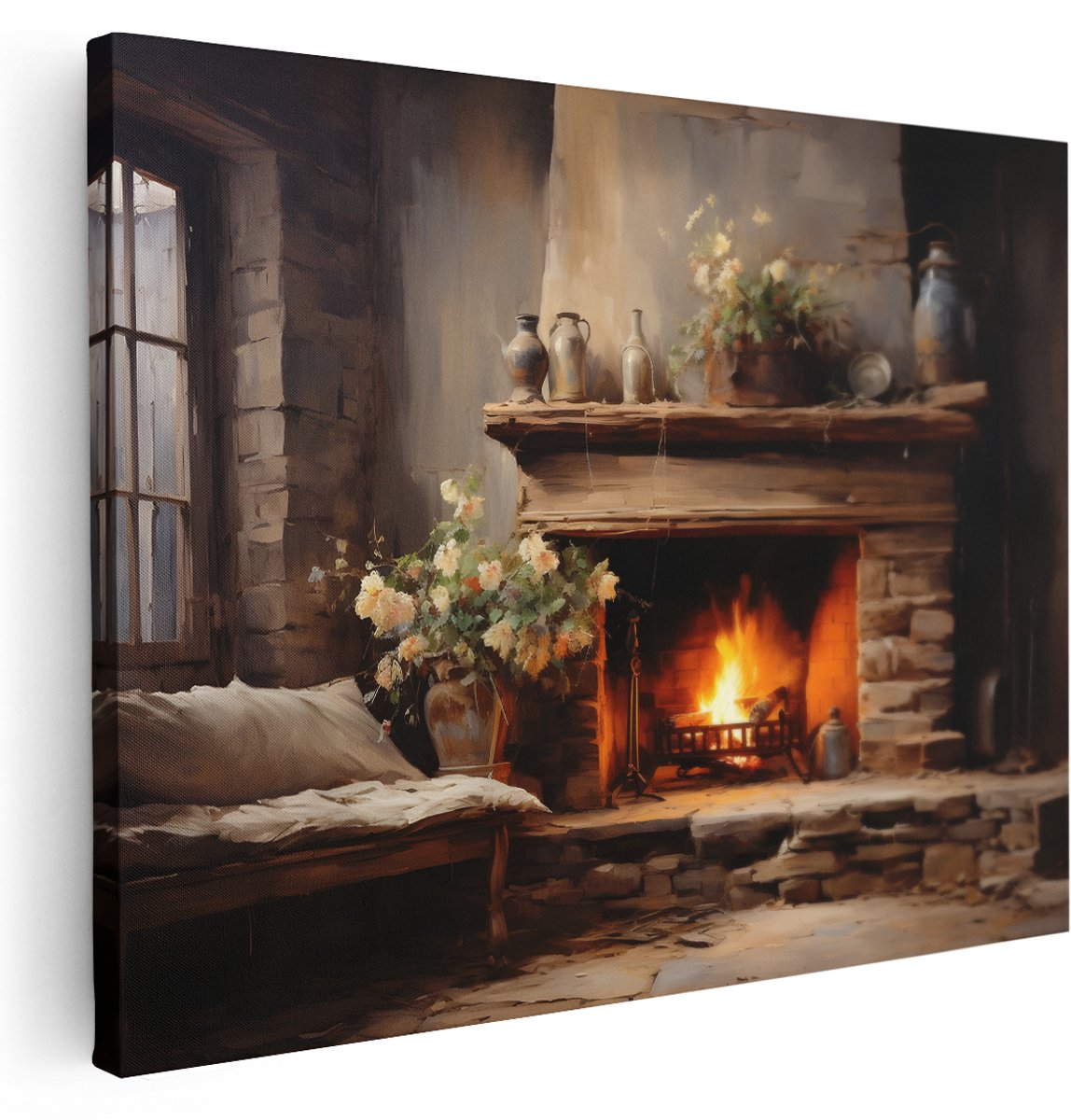 Artaza Canvas Schilderij Rustieke Woonkamer - 160x120 cm - Groot - Wanddecoratie Landelijk - Muurdecoratie Haardvuur - Decoratie Vintage - Kamer Accessoires