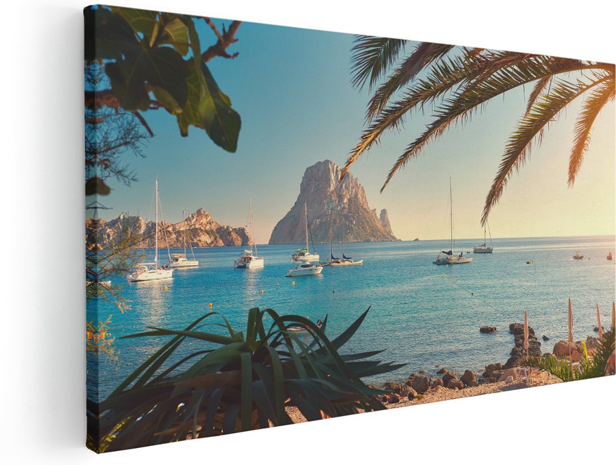 Artaza Canvas Schilderij Ibiza Cala d'Hort Strand - 140x70 cm - Groot - Wanddecoratie Woonkamer - Schilderijen - Muurdecoratie