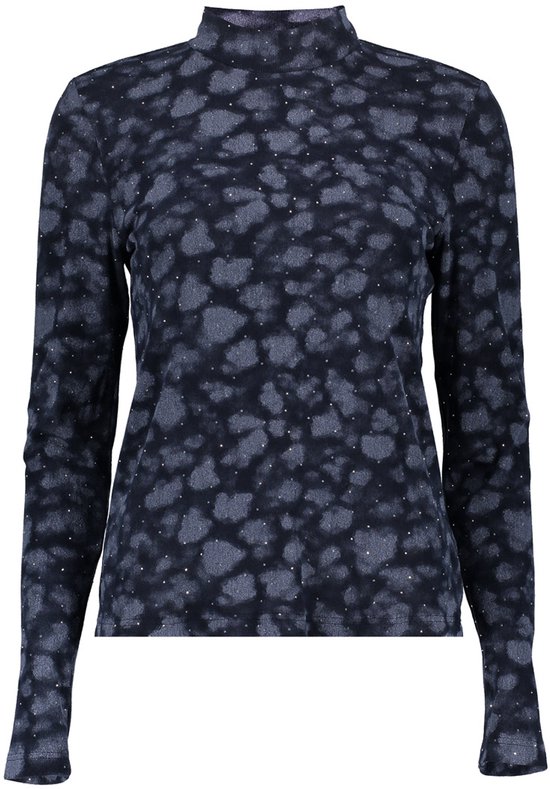 Donkerblauwe turtle neck top met all-over print van grijze vlekken en kleine steentjes.