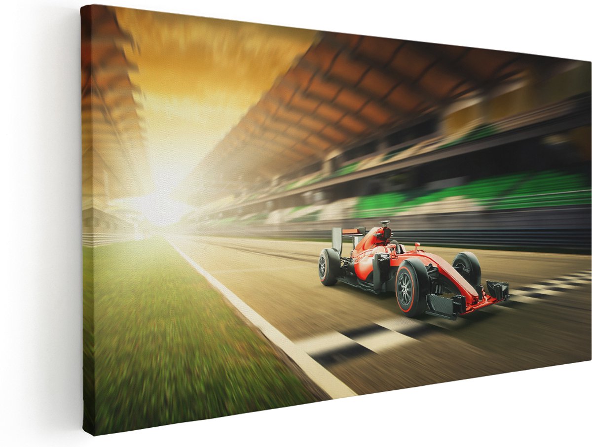 Artaza Canvas Schilderij Formule 1 Auto bij de Finish in het Rood - 140x70 cm - Groot - Wanddecoratie Woonkamer - Schilderijen - Muurdecoratie