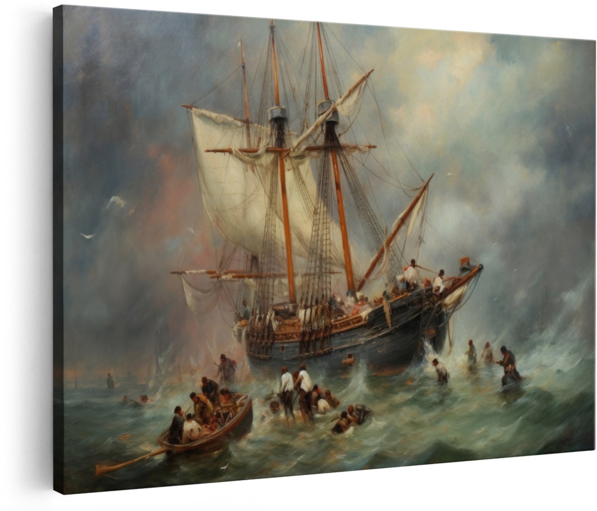 Artaza Canvas Schilderij Schip In Storm - 150x100 cm - Groot - Wanddecoratie Zee - Muurdecoratie Zeilschip - Decoratie Maritiem Schilderij