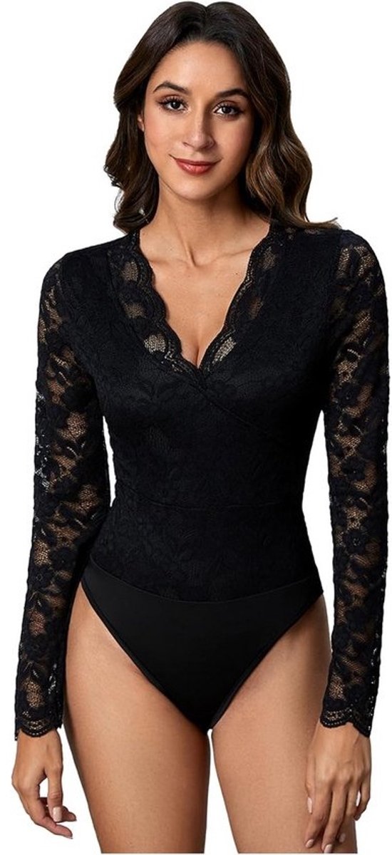 Dames Bodysuit met Lange Mouwen en V-Hals van Kant - Doorzichtige Blouse Stijl