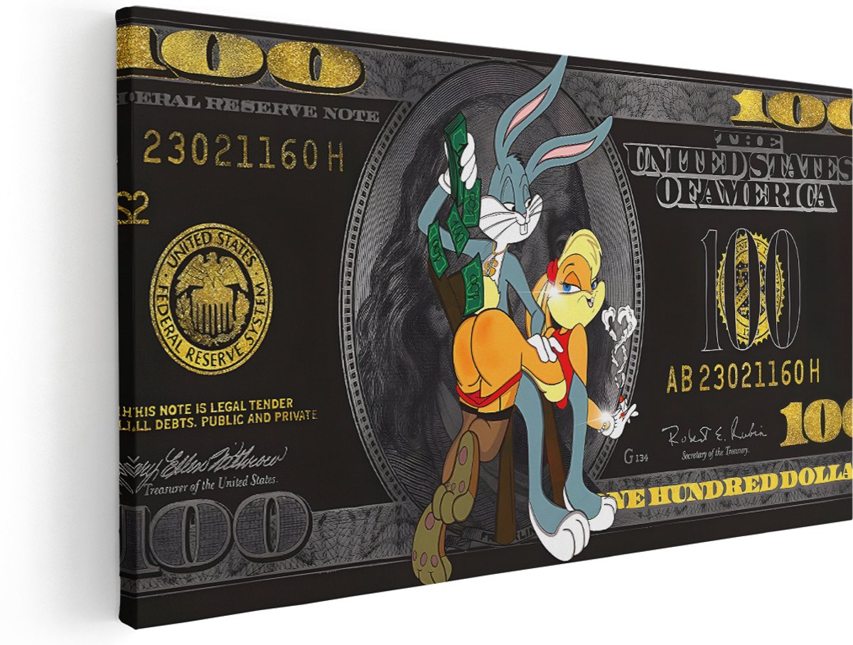 Artaza Canvas Schilderij Lola Bunny - 140x70 cm - Groot - Wanddecoratie Dollar Biljet - Muurdecoratie Popart - Schilderijen Geld - Zwart Goud
