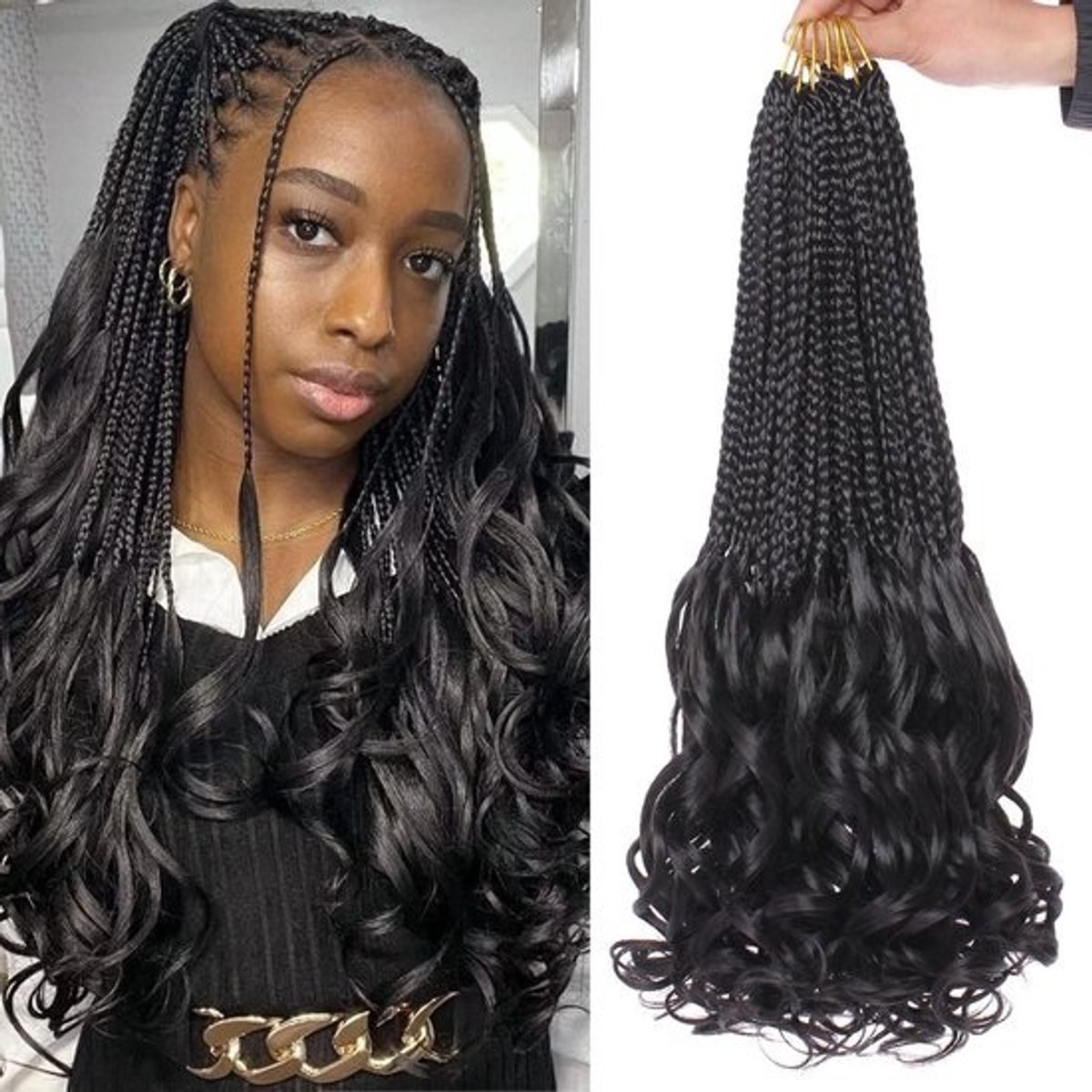 French Krul Crochet Vlechten voor Dames - Voorgeluste Synthetische Box Braids met Krullerige Plukken